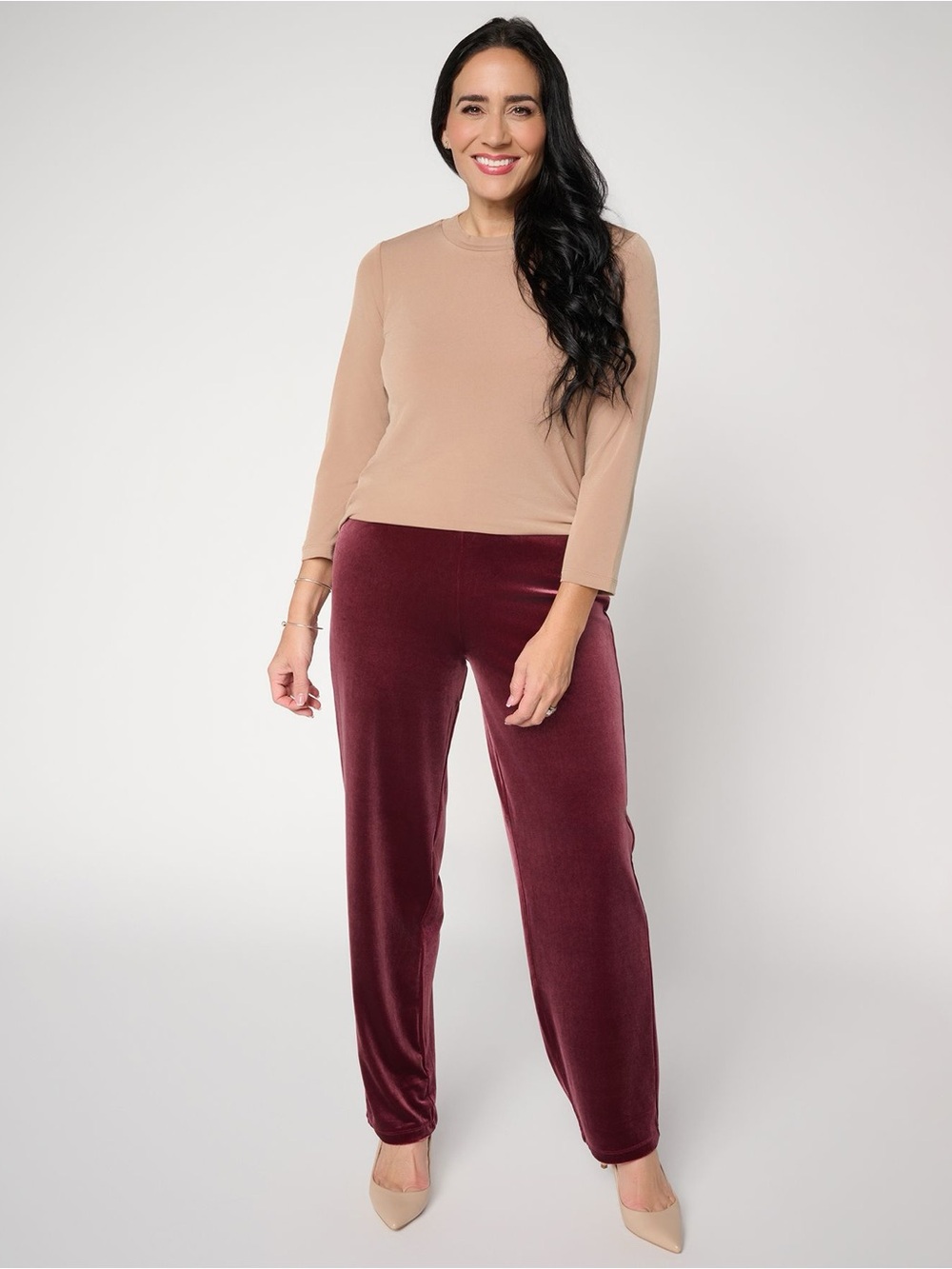 Susan Graver Burgundy Velvet Straight-Leg Pull-On Pants